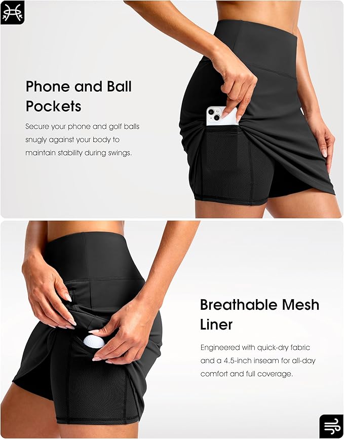 G Gradual 18" Golf Skirts for Women Zipper Pockets Mid Length Skort with Shorts Underneath High Waist Tennis Pickleball