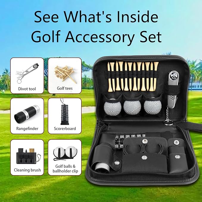 Golf Accessories Set Gifts, Golf Balls,Golf Tees, Golf Multifunctional Divot Tool, Rangefinder, Golf Brush, Golf Scorer, Golf Ball Clamp for Men and Women