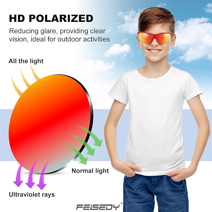 FEISEDY Kids Teens Baseball Polarized Sunglasses Sports TR90 Frame Boys Girls Cycling B2454