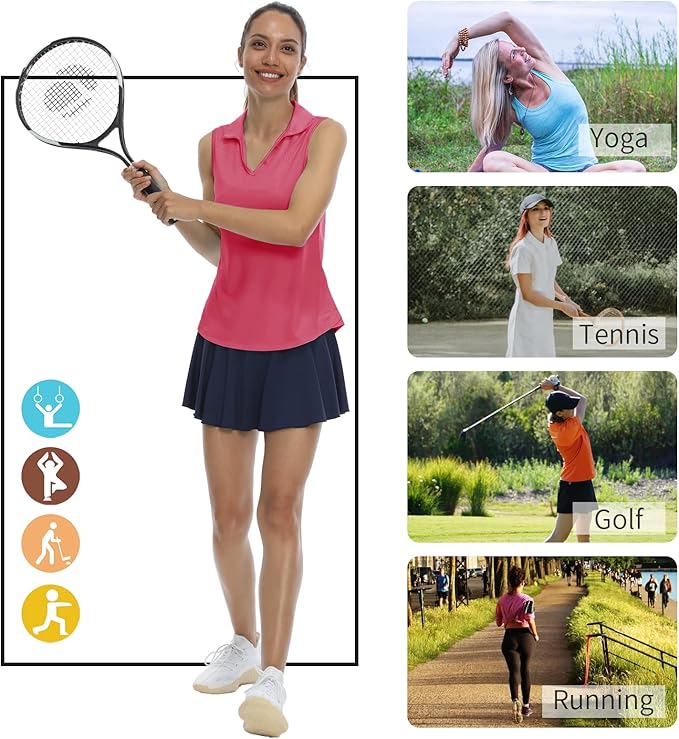 LastFor1 Women's Sleeveless Polo Golf Shirts Quick Dry 50+ UV Protection V-Neck with Collar Lightweight Tennis Tank Tops