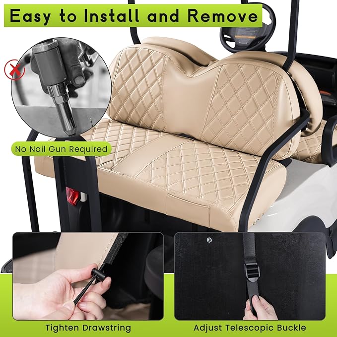 Golf Cart Seat Cover Front and Rear Set of 2 Fit for Club Car Tempo OEM Ordinary Seats No Nails Required Easy to Install & Clean Beige Vinyl Leather Seat Cushion Covers