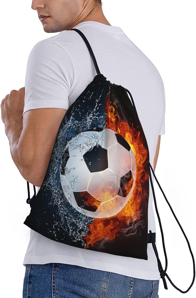 Kids Soccer Drawstring Bags for Boys Girls, Sports-Themed Drawstring Backpack Casual Knapsack with Water and Fire Printed for Teens Adults Women Men for Gym Travel Swimming Hiking Camping, Small