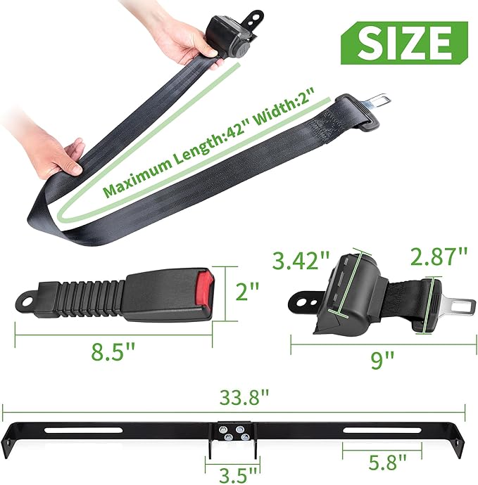 10L0L Universal Golf Cart Seat Belt Bracket Kit for 2 Passengers, Front Seat Retractable Seat Belts with Adjustable Mounting Bar, Fits EZGO TXT/RXV, Club Car DS, Yamaha Carts, Hardware Included