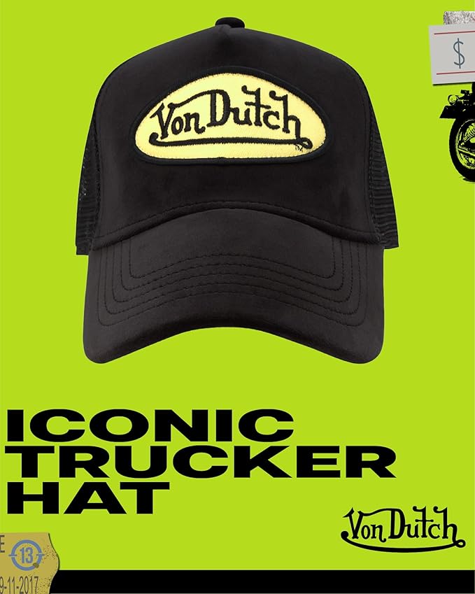 Von Dutch Unisex Trucker Hat - Velvet Curved Bill Mesh Back Retro Classic Adjustable Snapback Baseball Cap for Men and Women