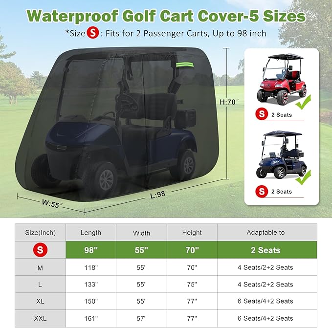 Waterproof Golf Cart Cover 2 Passenger for Yamaha/E-Z-Go/Club Car/Evolution/Tomberlin/ICON/Star EV, Heavy Duty Sun Rain Dust Protection 2 Seater Golf Cart Cover with Soft Cotton Lining & Door Zipper-S