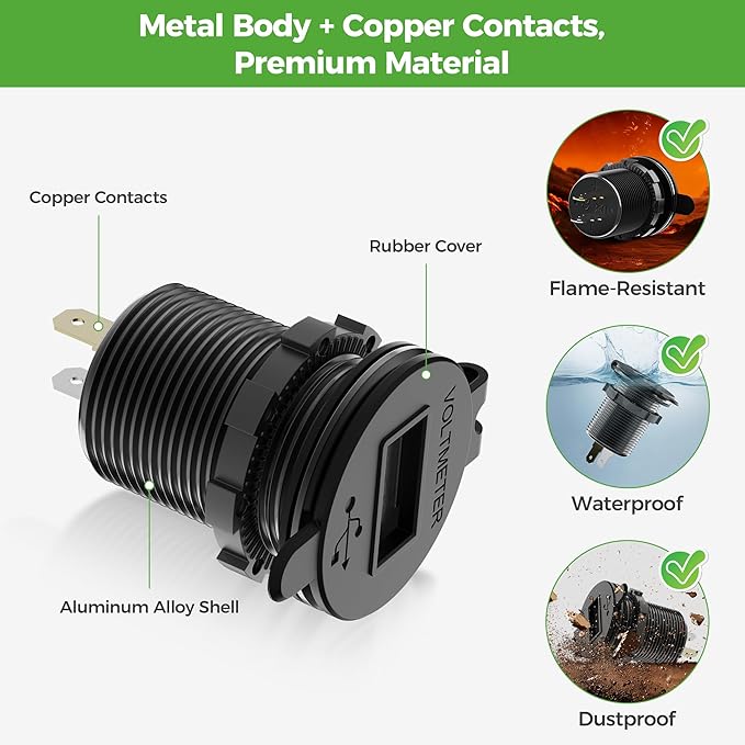 10L0L 9V-55V Input Golf Cart Quick Charge 3.0 Dual USB Charging Socket,2 in 1 USB Ports & Digital Voltmeter Universal for Club Car,EZGO and Yamaha,Metal Shell Safe Charge Outlet