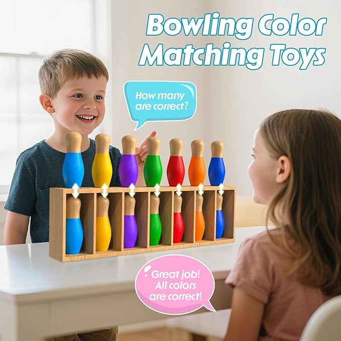 Color Matching Toy Set for Kids, Wooden Bowling Color Matching Game - Image 2