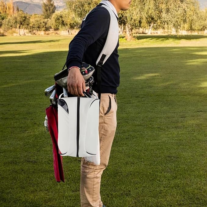 Golf Shoe Bag for Men & Women, PU Leather Travel Shoes Carrier Bag, Dustproof and Lightweight Outdoor Golf Accessories Storage for Sport Shoes, Socks, Tees & Balls(White)