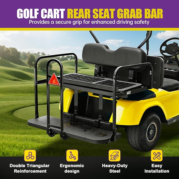 Golf Cart Rear Seat Grab Bar, Universal Back Seat Handrail Grip Bar Compatible with Club Car EZGO YAMAHA(2+2) /(4+2) Golf Cart with Metal Footplates, Heavy Duty Safety Hand Rail for Passenger Security