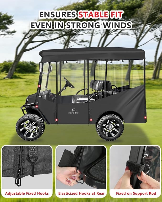 4 Passenger Golf Cart Enclosure for EZGO Express S4 2+2 Seater Long Roof, Waterproof 600D Oxford Driving Rain Cover with Full Roll-Up Clear Windows & Doors
