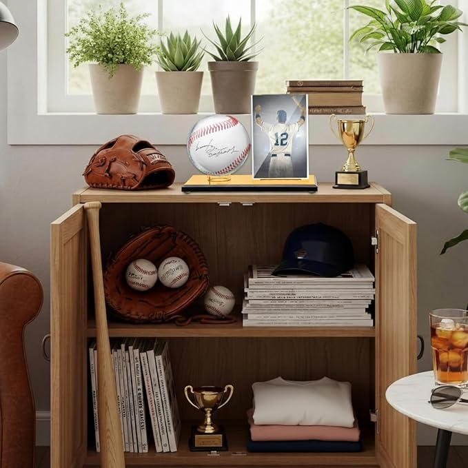 DoubleFill Acrylic Baseball Display Case for Ball and Cards Clear Base Ball Holder Gold Stand Set Centerpieces Protector Memorabilia Showcase for Official Size Baseball(Small)
