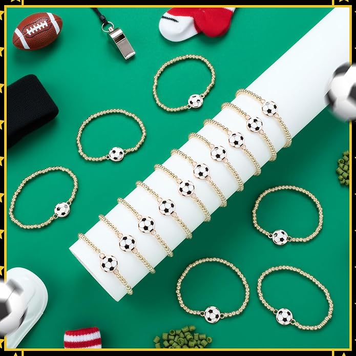 Tondiamo 24 Pcs Cheer Baseball Softball Soccer Basketball Football Tennis Bracelets Gifts Bulk Beaded Stretch Bracelets Charm Gifts Sport Jewelry Party Favors Supplies
