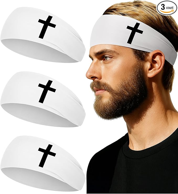 Shihanee 3 Pcs Christian Headbands for Men Jesus Cross Athletic Sweat Bands Christian Workout Accessories Moisture Wicking Sports Hairbands for Football Baseball Basketball Running Training
