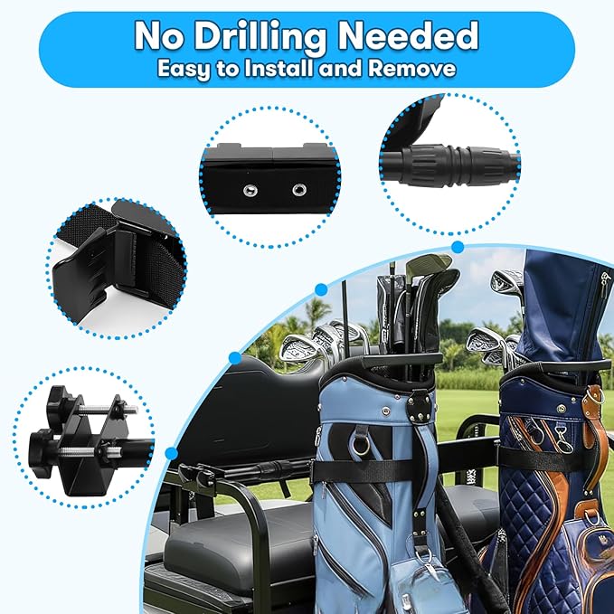 Kartols Golf cart Bag Holder Bracket No-Drilling Golf Club Holder for 2+2 Golf Cart Rear Seat for Yamaha, EZGO, Club Car, with 1 Inch Square Tube, Universal Golf cart Accessories Adjustable