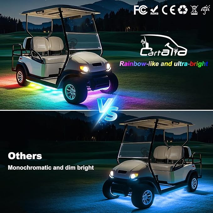 Golf Cart Underbody LED Lights 4Pcs, 12V - 80V Input Golf Cart Underglow Light Kit Bluetooth APP Control Dream Colors for EZGO Club Car Yamaha, Music Mic Sync Modes (Included Voltage Reducer)