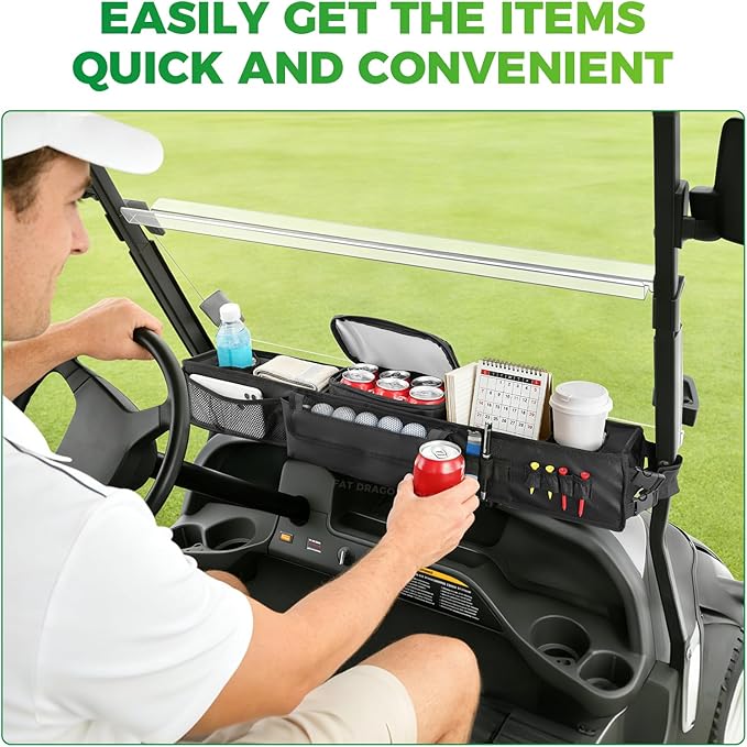 Panglong No-Drilling Golf Cart Front Storage Basket with Detach Cooling Compartment, Multi-Function Storage and Anti-Slip Buckle Strap, Fits Yamaha G29, Club Car Precedent and EZGO TXT Golf Cart