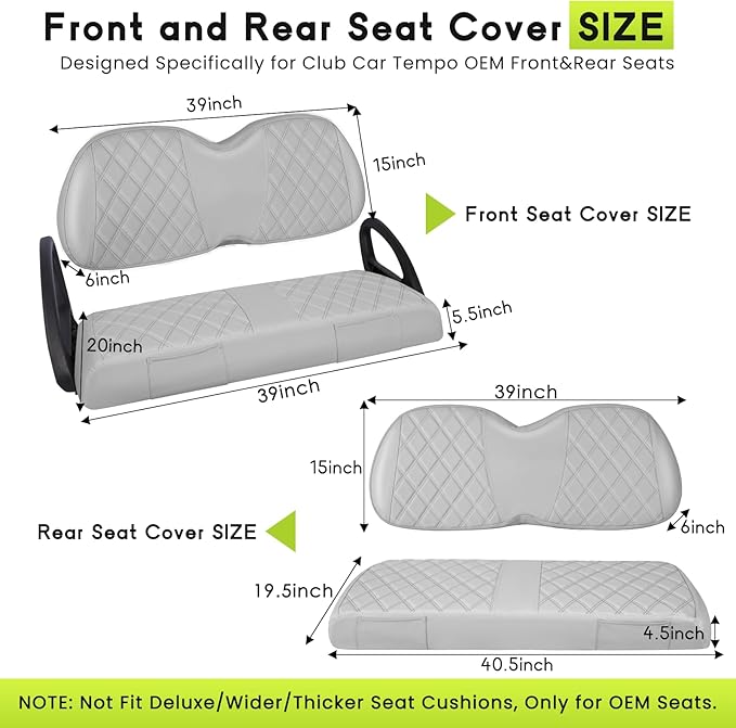 Golf Cart Seat Cover Front and Rear Set of 2 Fit for Club Car Tempo OEM Ordinary Seats No Nails Required Easy to Install & Clean Gray Vinyl Leather Seat Cushion Covers