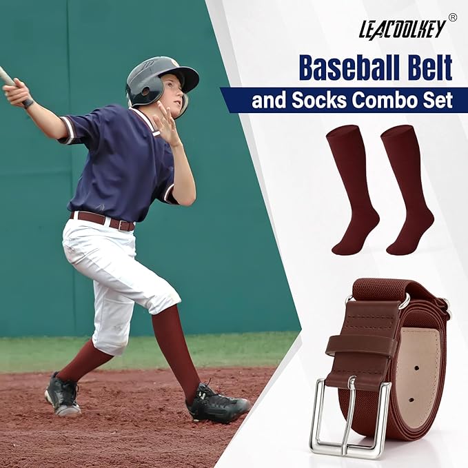 LEACOOLKEY Baseball Belt and Socks Combo Set Adjustable Softball Socks and Elastic Belt for Youth and Adult