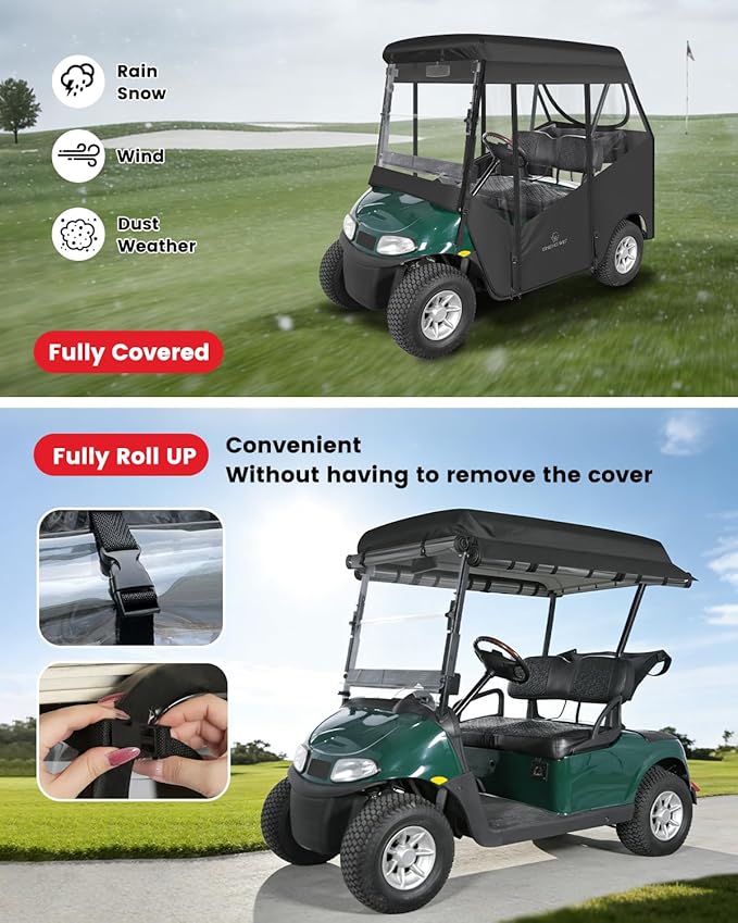 2 Passenger Golf Cart Enclosures for EZGO RXV 2 Seater, Waterproof 600D Oxford Driving Rain Cover with Full Roll Up Clear Windows & Doors