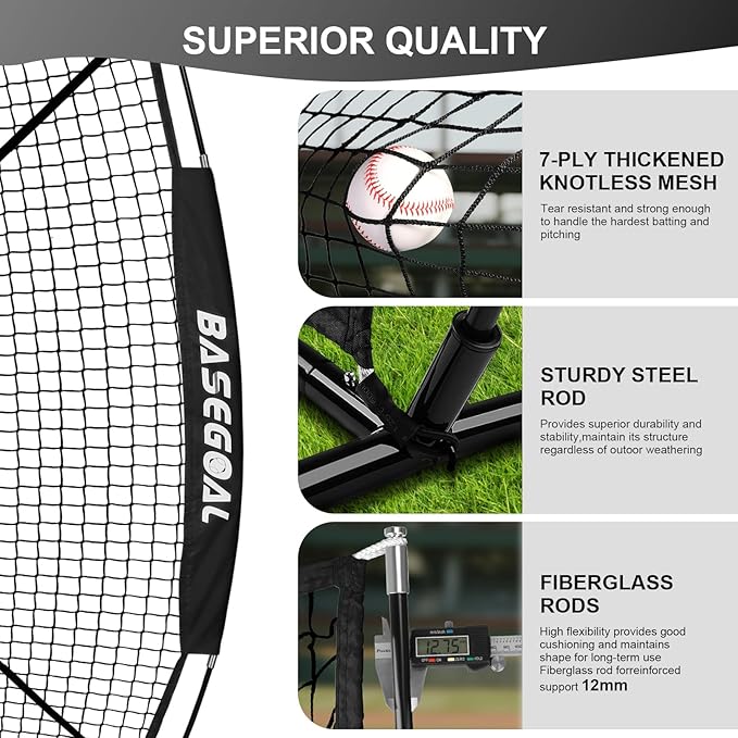 BaseGoal 6'×6' Baseball Softball Practice Net,Baseball Backstop,with Batting Tee,Ball Caddy,for Hitting Pitching Batting Catching with Bow Frame,Bonus Strike Zone,Target,Portable and Foldable