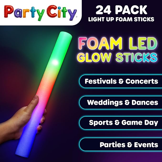 Party City 24pk LED Foam Glow Sticks 14”- Glow in the Dark Party Supplies Favors - Image 2
