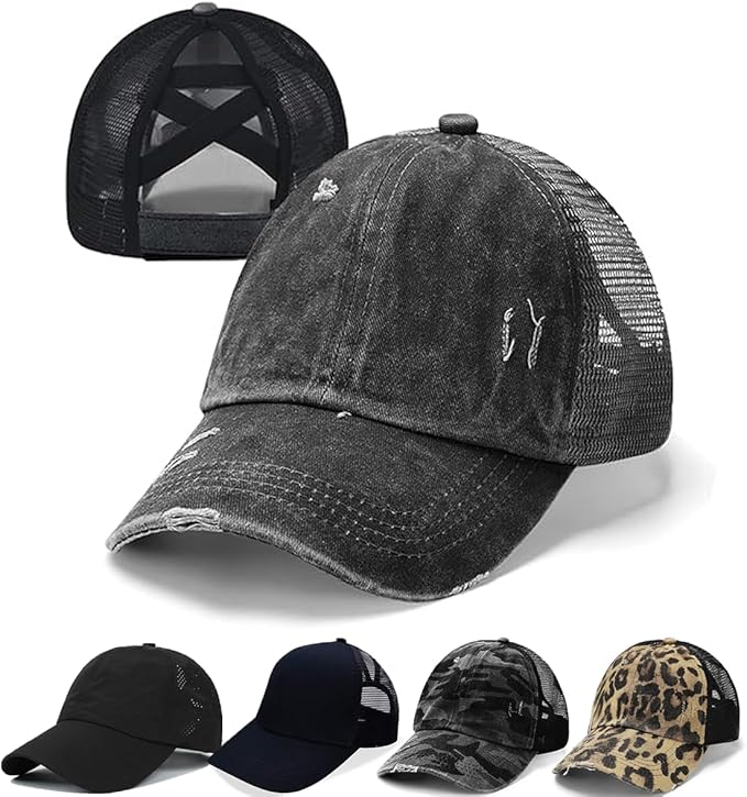 Criss Cross Hat Washed Distressed Baseball Cap Ponytail Hat High Messy Bun Ponycap for Women