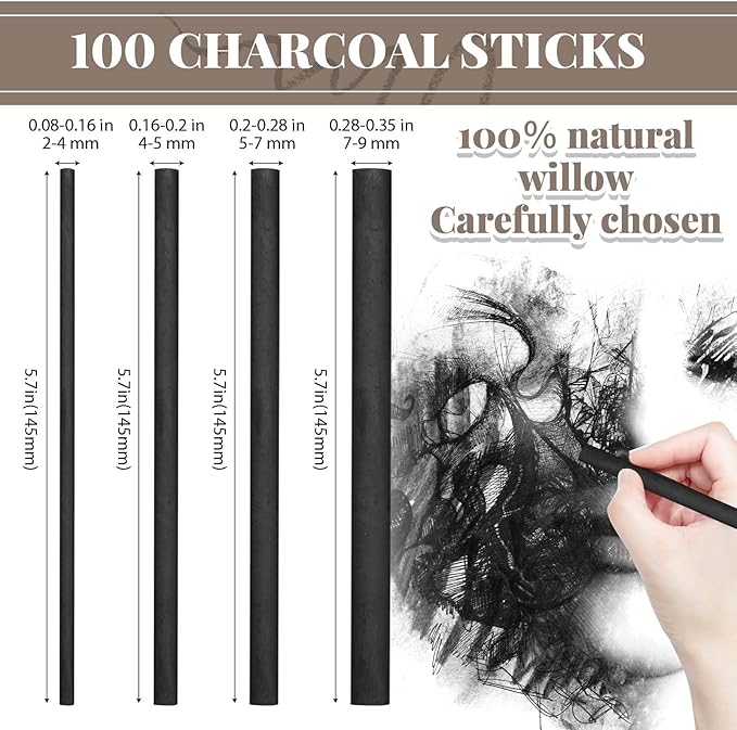 Gueevin 100 Pcs Willow Charcoal Sticks, Willow Charcoal, and Fine Art Christmas - Image 2