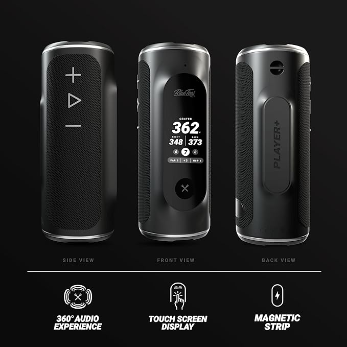 Blue Tees Golf Player+ AI-Powered GPS Speaker - Touchscreen Display, 10+ Hour Battery, 40,000+ Courses, Visual & Audible Distances, Hazard Detection, IPX7 Waterproof (Navy)