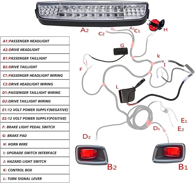 Golf Cart LED Light Kit for EZGO TXT 1996-2013 Gas&Electric Carts Deluxe Light Bar Kit 12V Street Legal LED Headlight Taillights Turn Signals Hazard Light Switch Horn Brake Pad