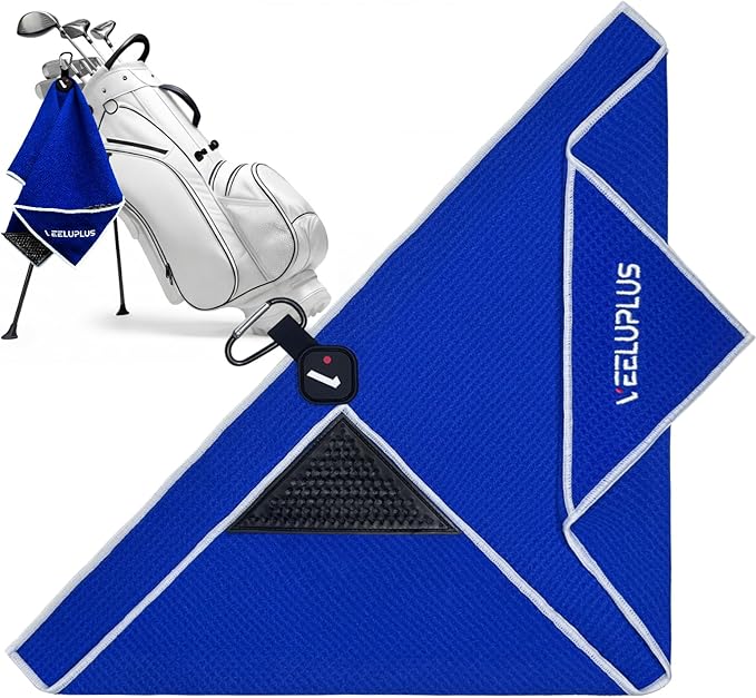 4-in-1 Magnetic Golf Towel with Brush & Cleaning Pocket -Premium Construction Golf Towel- Super Strong Golf Club Cleaner- Microfiber Waffle Design-15.7" X 23.6" Golf Accessories and Gifts for Men