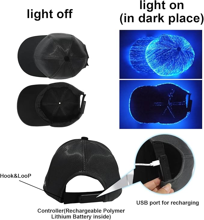 Ruconla Fiber optic cap LED hat with 7 colors luminous glowing EDC baseball hats USB Charging light up caps led crazy cap