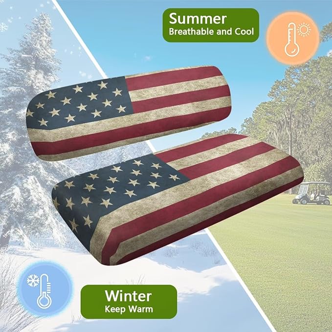 Yewatlles Retro American Flag Golf Cart Seat Covers Kit, Fit for Club Car Precedent Ordinary Front Seat Cushion, Golf Cart Polyester Seat Cover, No Nails Required