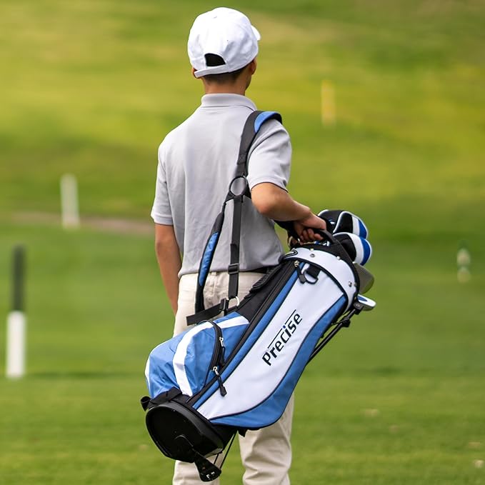 Precise X7 Kids Golf Clubs Set – Boys’ & Girls’ Junior Golf Set with Lightweight Graphite Shafts, Hybrid, Putter & Stand Bag