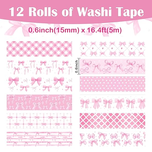 12 Rolls Pink Bow Washi Tape, Bowknot Plaid Adhesive Masking Tapes Decorative - Image 2