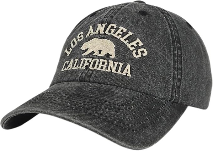 LA California Bear Embroidered Vintage Cotton Baseball Cap Adjustable Metal Buckle Unstructured Low-Profile Hat Men & Women