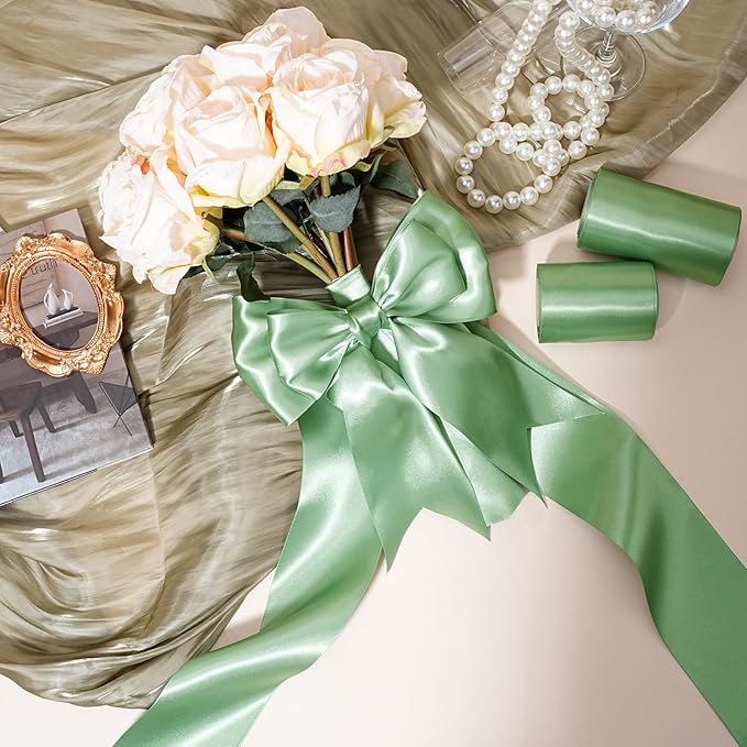 LaRibbons Sage Green Satin Ribbon 4 Inch 10 Yards Double Faced Luxury Light - Image 2