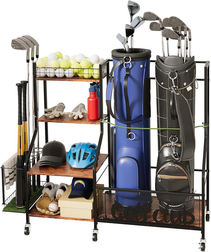 HavenlyYouth Garage Golf Bag Storage Organizer with Wheels, Heavy Duty Golf Club Rack for 2 Bags, Golf Balls & Accessories, Extra Sports Equipment Rack