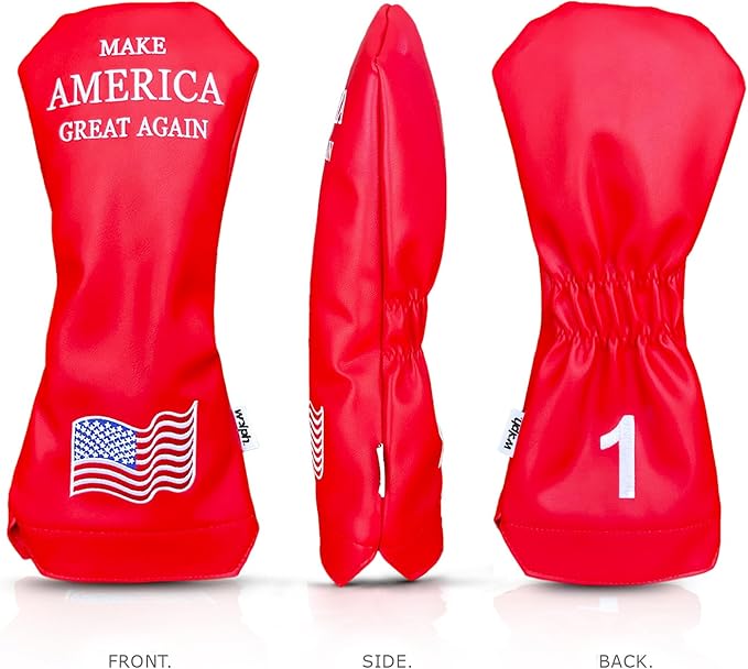 Wolph USA Driver Head Cover – Premium Leather, Iconic Red MAGA Hat Style – Trump-Inspired Funny Headcover – Trump Golf Accessories & Gift for Men and Women – Customize Your Bag.