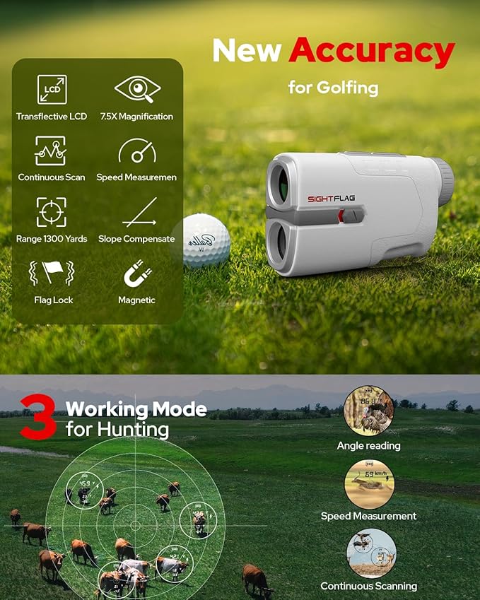 Golf Rangefinder with Slope, 1300 Yards Laser Range Finder Golf, 7.5X Magnification Flag Pole Locking Vibration Rechargeable Range Finders with Magnet Golf Accessories for Men Women Sightflag GF1
