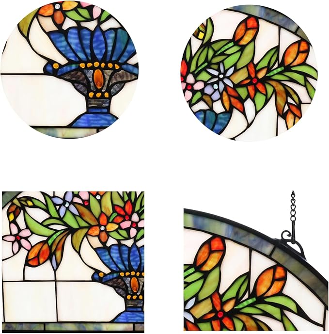 24 inch Flower Stained Glass Window Hanging Half Moon Shade, 100% Real Stained - Image 3