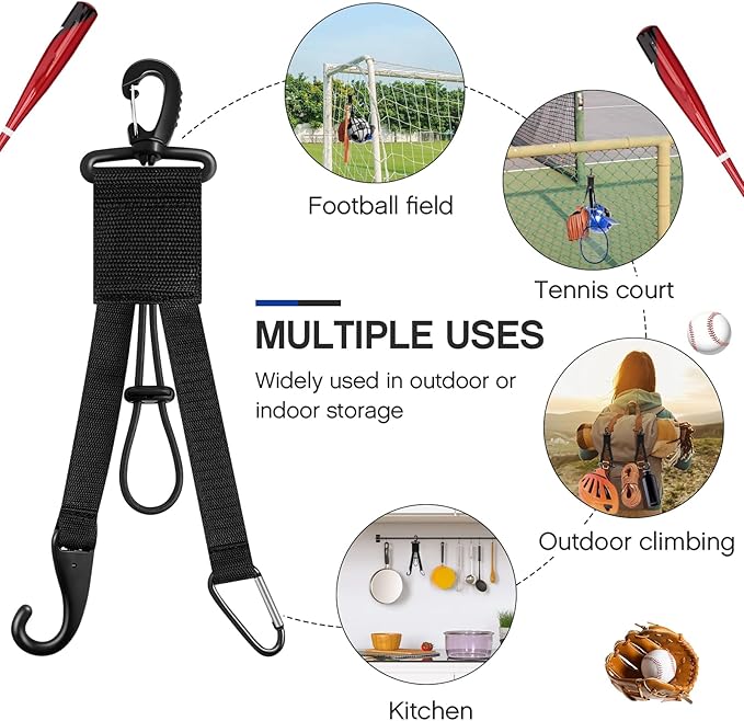 Deekin 10 Pcs Baseball Softball Gear Hanger 3 in 1 Dugout Organizer Bat Holder with Glove Clip and Helmet Hook for Fence Bag Water Bottle Hiking Camping (Black)