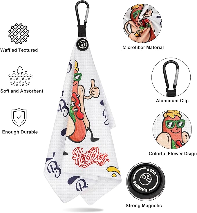 Golf Towel Magnetic Towel for Bags with Clip for Men & Women，Microfiber Fabric Waffle Pattern Golf Towels for Strong Hold to GolfCarts or Clubs (White Hotdog)