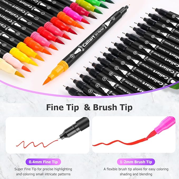 Caliart 34 Double Tip Brush Pens Art Markers, Artist Fine & Brush Pen Coloring - Image 4