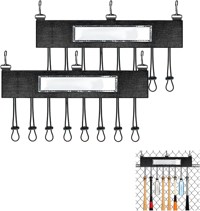 2Pcs Dugout Organizer, Baseball Softball Bat Holder Wall Mount with 3 Fence Hooks 8 Hanging Strap and Name Tag, Bat Rack Accessories for Dugout Fence Team Coach Players Gifts