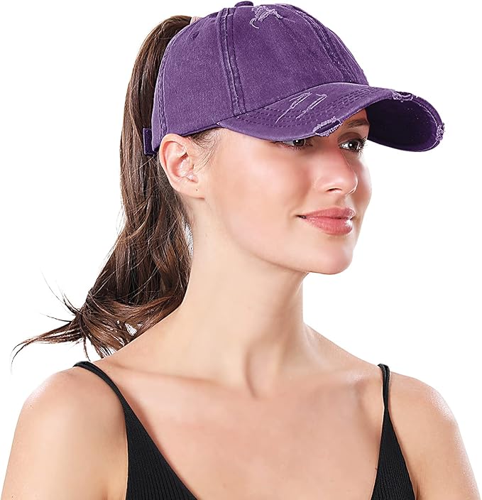 Criss Cross Ponytail Hat Women Washed Distressed Baseball Caps Adjustable High Messy Bun Ponycap