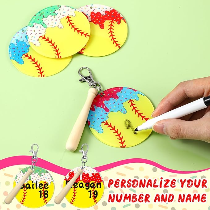 Cunno 12 Sets Softball Ice Cream Drip Acrylic Keychain Blank DIY Kit Bulk Softball Ice Cream Theme 3 Inch Acrylic Keyring with Swivel Snap Hook Keychain for Team Gifts Sport Party Favors