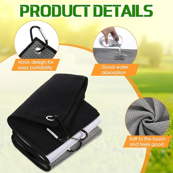 Batiyeer Golf Towel Bulk for Golf Bags 16'' x 16'' Microfiber Fabric Towel with Clip Waffle Pattern, Fitness, Camping, Hiking, Yoga