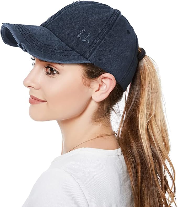 Womens Criss Cross Ponytail Baseball Cap Distressed Ponytail Hat High Messy Bun Trucker Ponycap for Outdoor Sports