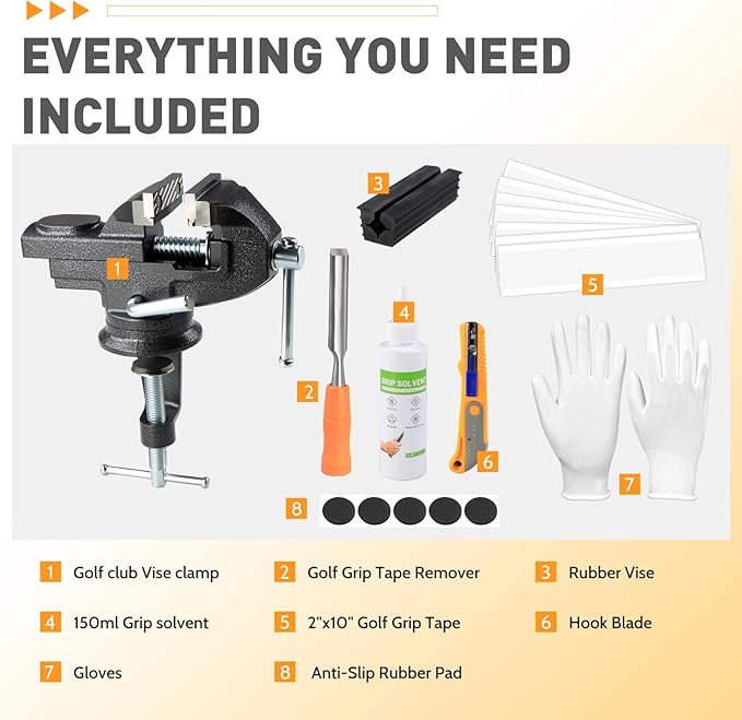 Golf Grip Regripping Kit with Solvent Complete Golf Club Grip Replacement Tool Set - Portable Table Vise, Rubber Clamp, 5 oz Solvent, Grip Tape & Hook Blade
