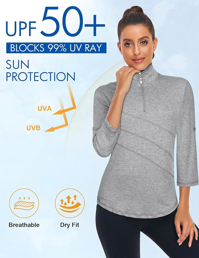 Koscacy Women's 3/4 Roll Sleeve Golf Tennis Polo Shirts UPF50+ Half Zip Dry Fit Workout Tops Athletic Shirt